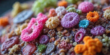 A close-up of a healthy gut microbiome represented by vibrant, diverse microorganisms, symbolizing balanced gut health and digestion.