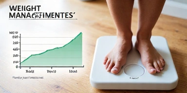 A person standing on a scale, looking motivated and determined, with a background showing a gradual weight loss chart, symbolizing successful weight management.
