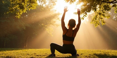 A person stretching and doing light exercises in a bright, natural setting, symbolizing the connection between nutrition and physical activity.
