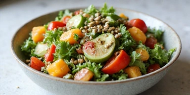 A bowl of colorful, fresh salad with various vegetables, seeds, and a light dressing, representing a healthy and quick meal idea.