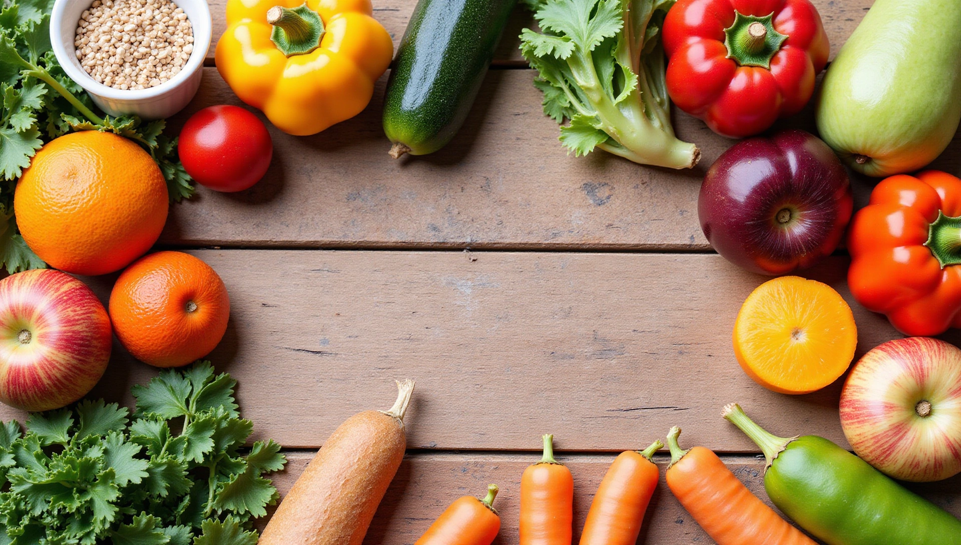 A vibrant healthy food spread with fresh fruits, vegetables, and whole grains, beautifully arranged on a wooden table, suggesting a balanced and nutritious diet.
