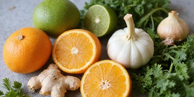 Various immune-boosting foods like citrus fruits, ginger, garlic, and leafy greens arranged appealingly on a table, highlighting natural ways to strengthen immunity.